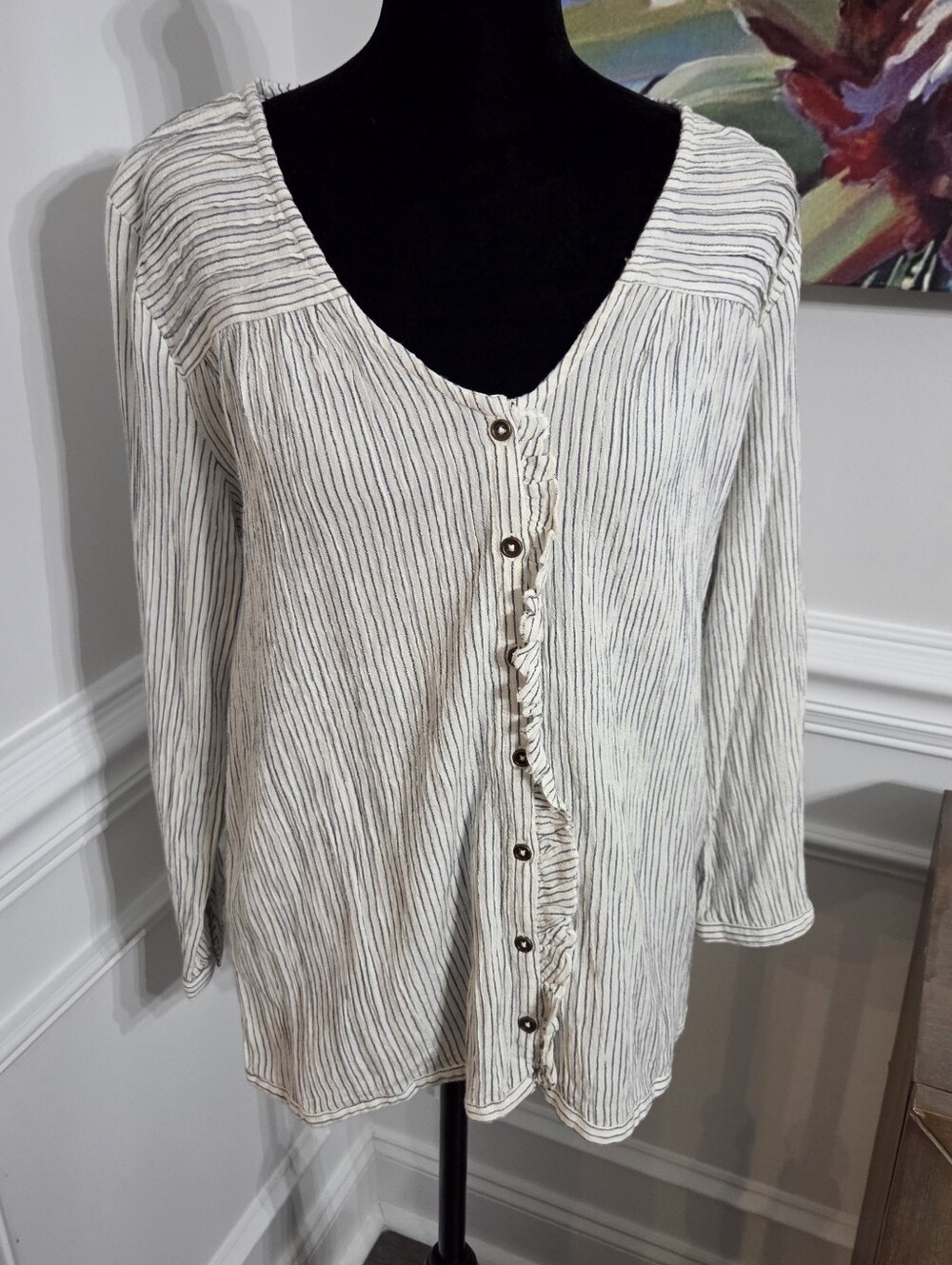Fat Face Blouse Size 6 White Navy Striped Cotton Blend V Neck Frill 3/4 Sleeves